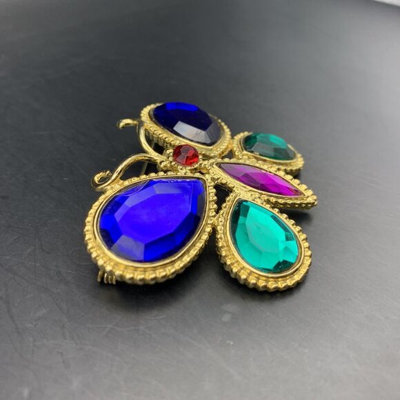 Jewel Tone Butterfly Brooch Pin Acrylic Rhinestone Gold Tone Blue Green Red Big - Picture 5 of 6